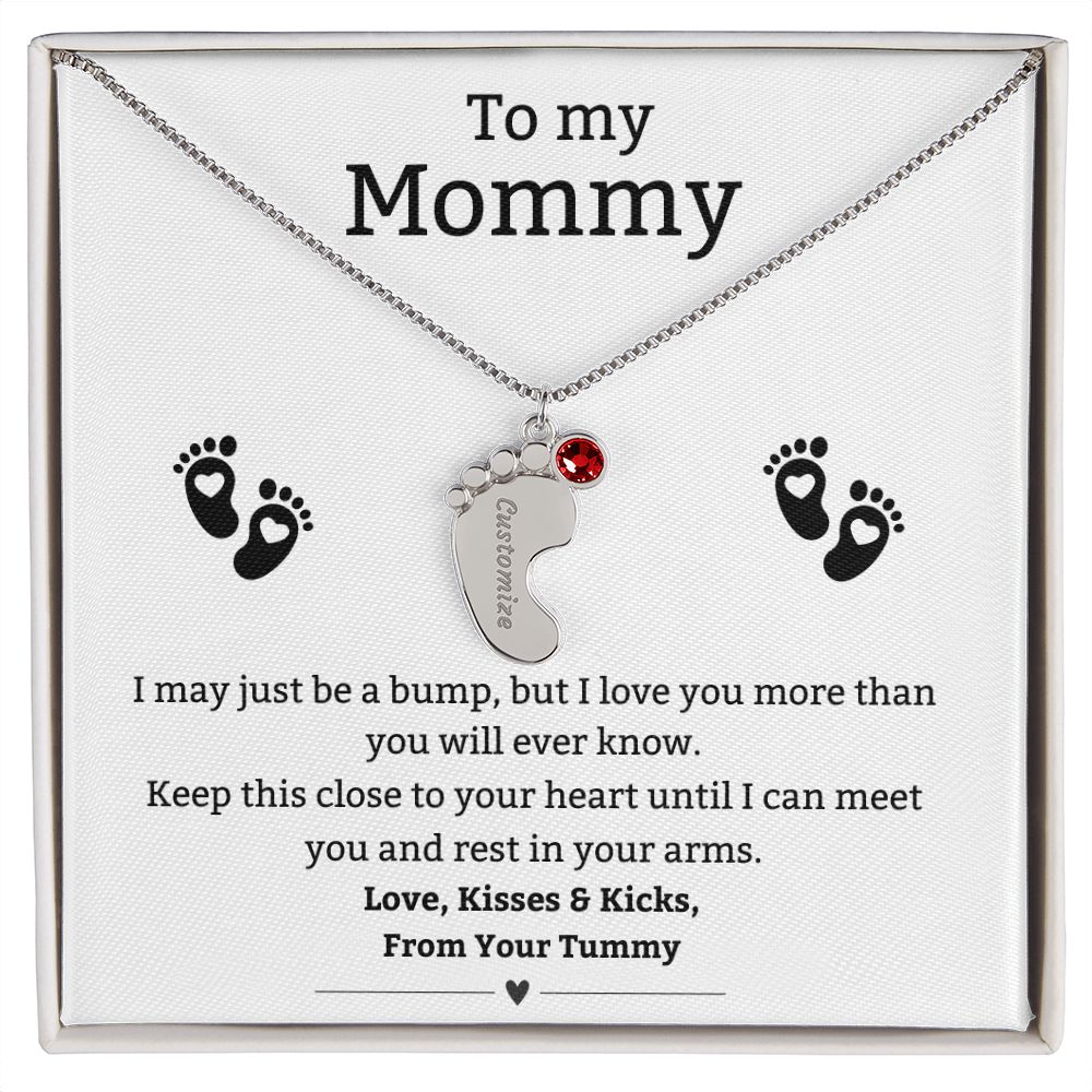 Mom to Be:  Personalized Engraveable Baby Feet Necklace With Birthstone